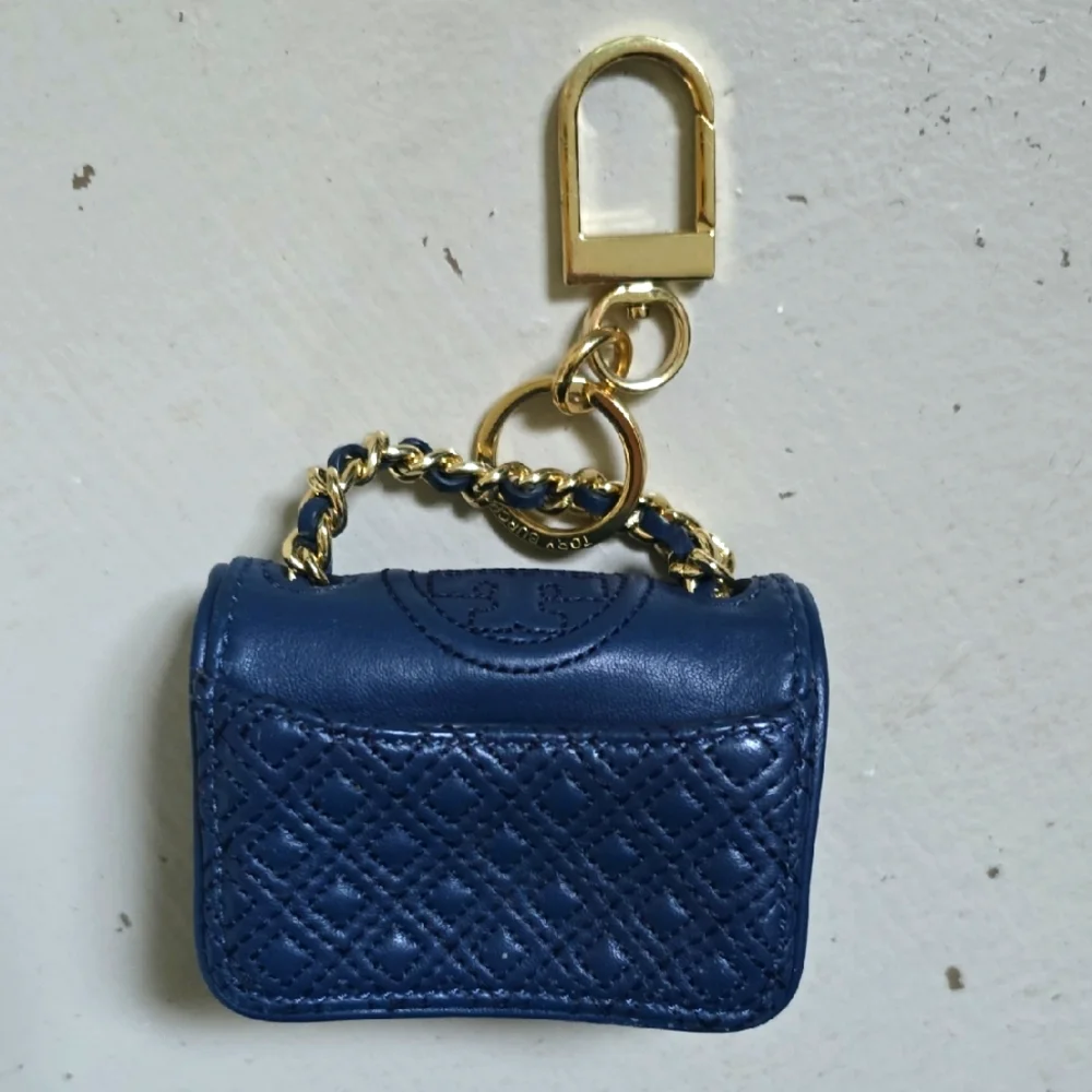 Tory Burch Blue Leather Quilted Mini Purse Charm Keychain